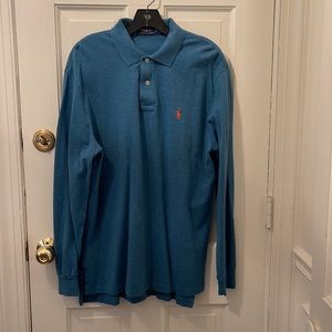 Men’s Polo Ralph Lauren long sleeved blue polo shirt w/ orange polo player, sz L
